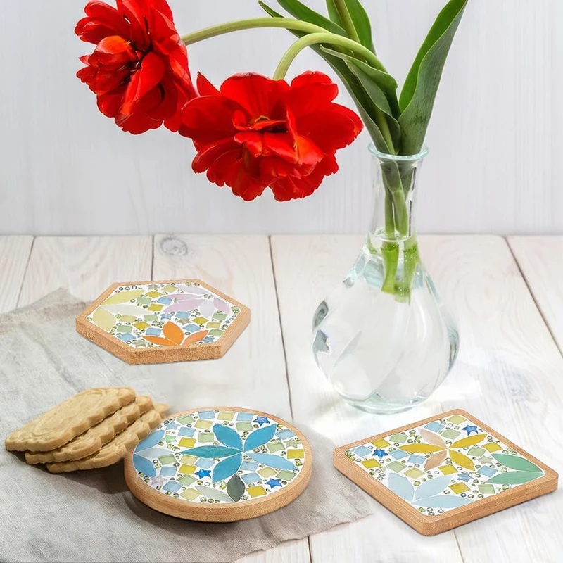 Set da 3 pezzi Kit artigianale per mosaico di foglie fai-da-te Set di sottobicchieri per mosaico di bambù fai-da-te Set di piastrelle per mosaico in vetro fai-da-te Decorazioni per la casa Regalo di compleanno