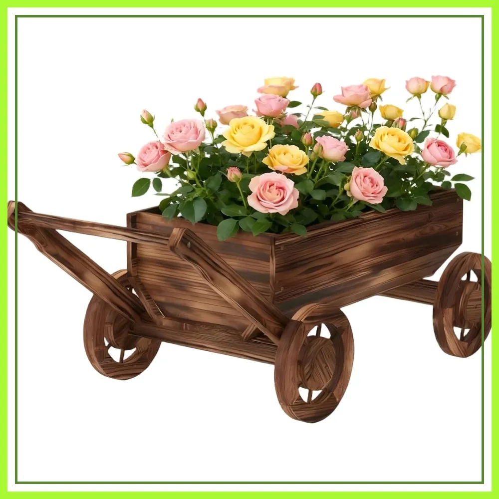 

Wooden Flower Cart with Wheels, Wagon Planter for Garden Patio Balcony Decor, Large