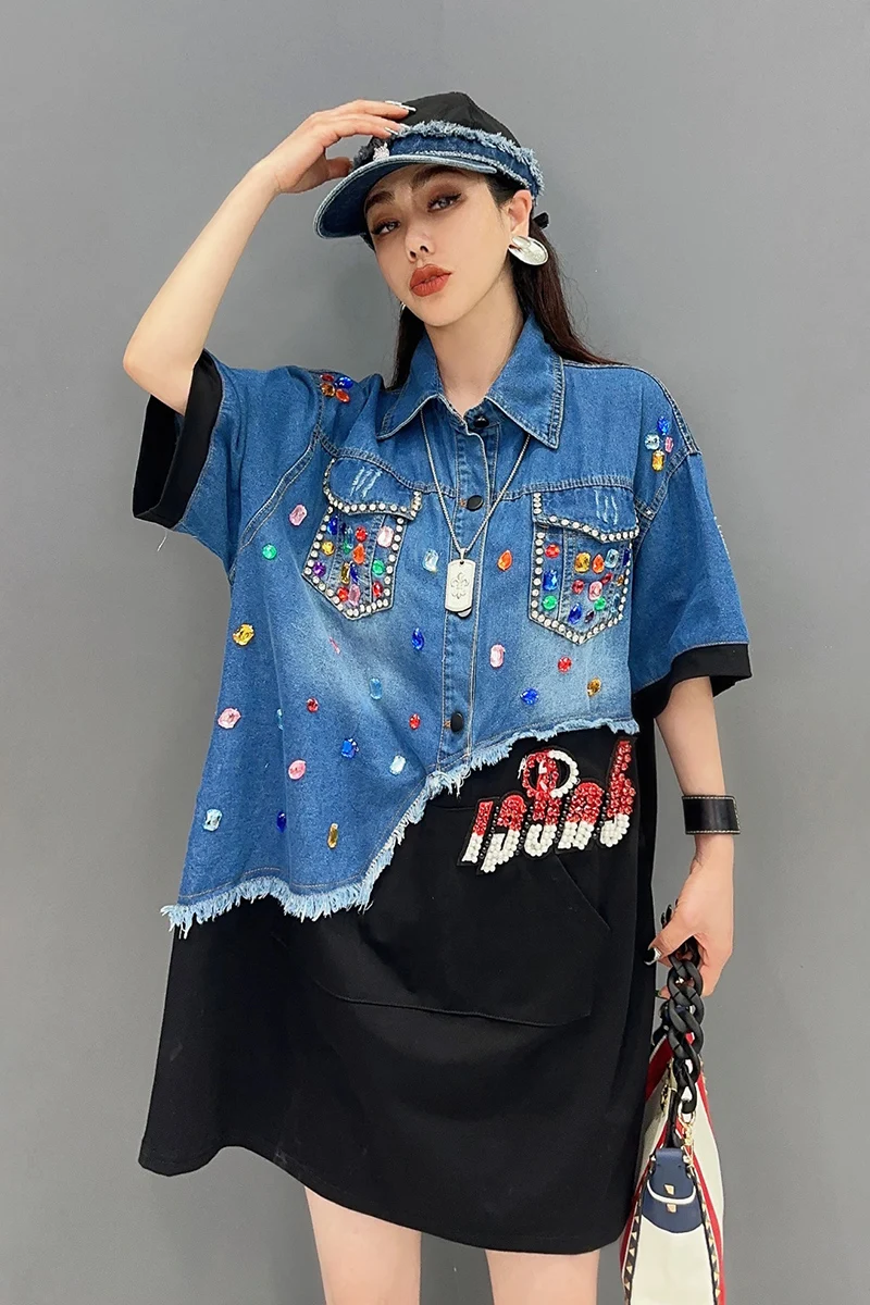 Vefadisa 2024 Summer New Denim Dress Spliced Embroidered Nail Diamond Short Sleeve Casual Loose Size Women\'s Wear WXY115