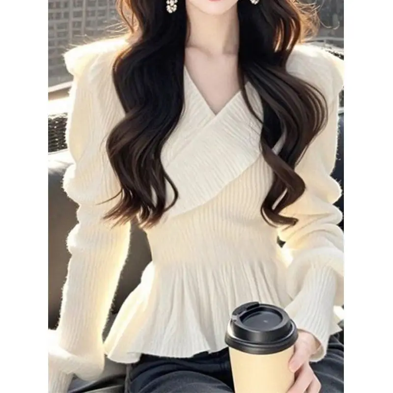 

V Neck Knit Sweater With Puff Sleeves And Ruffles For Women Office Wear Elegant Style Autumn Winter Fashion Pullover Top