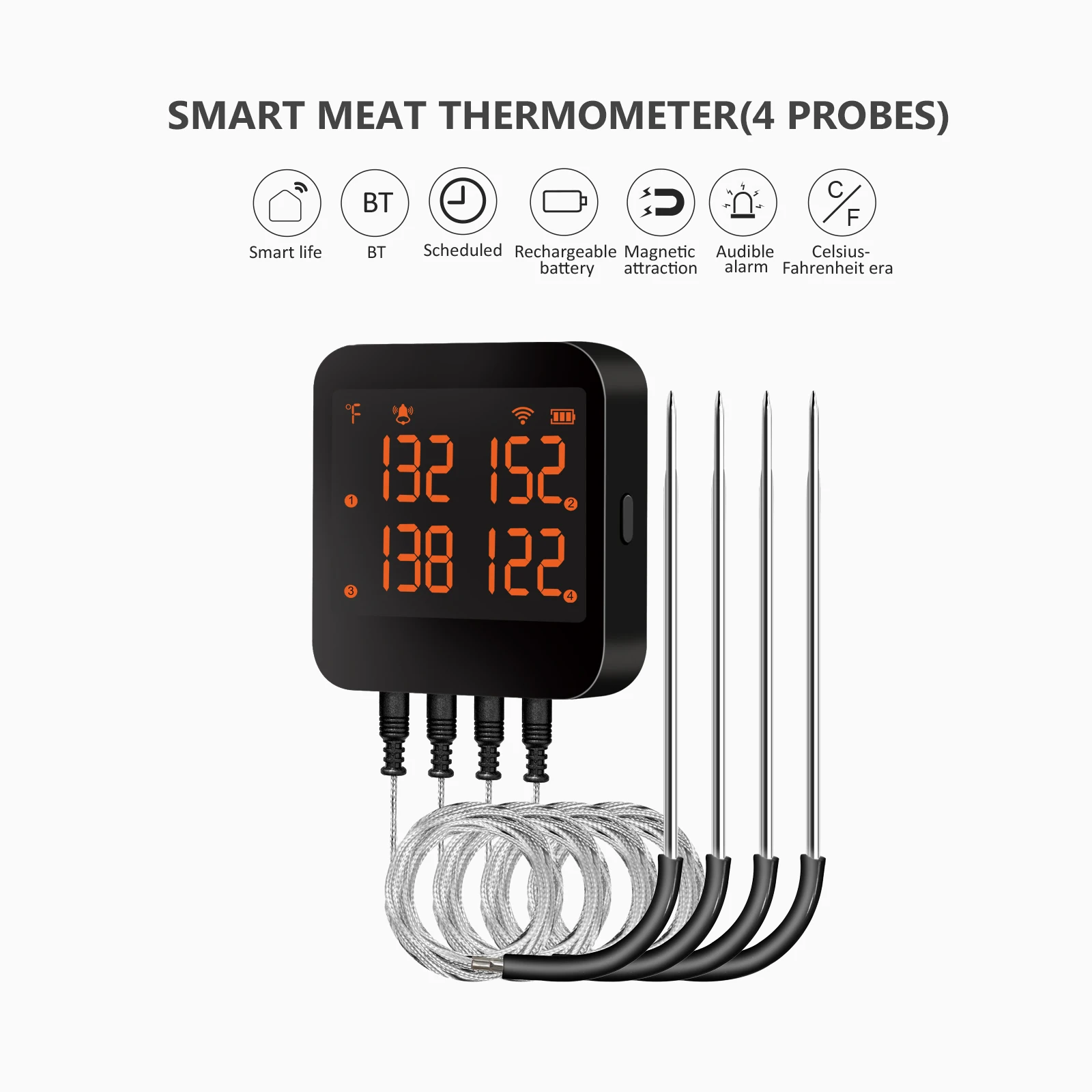 

Умный термометр для мяса, цифровой Bluetooth с 4 зондами, перезаряжаемый для гриля, барбекю, курильщика, духовки - удаленный мониторинг температуры