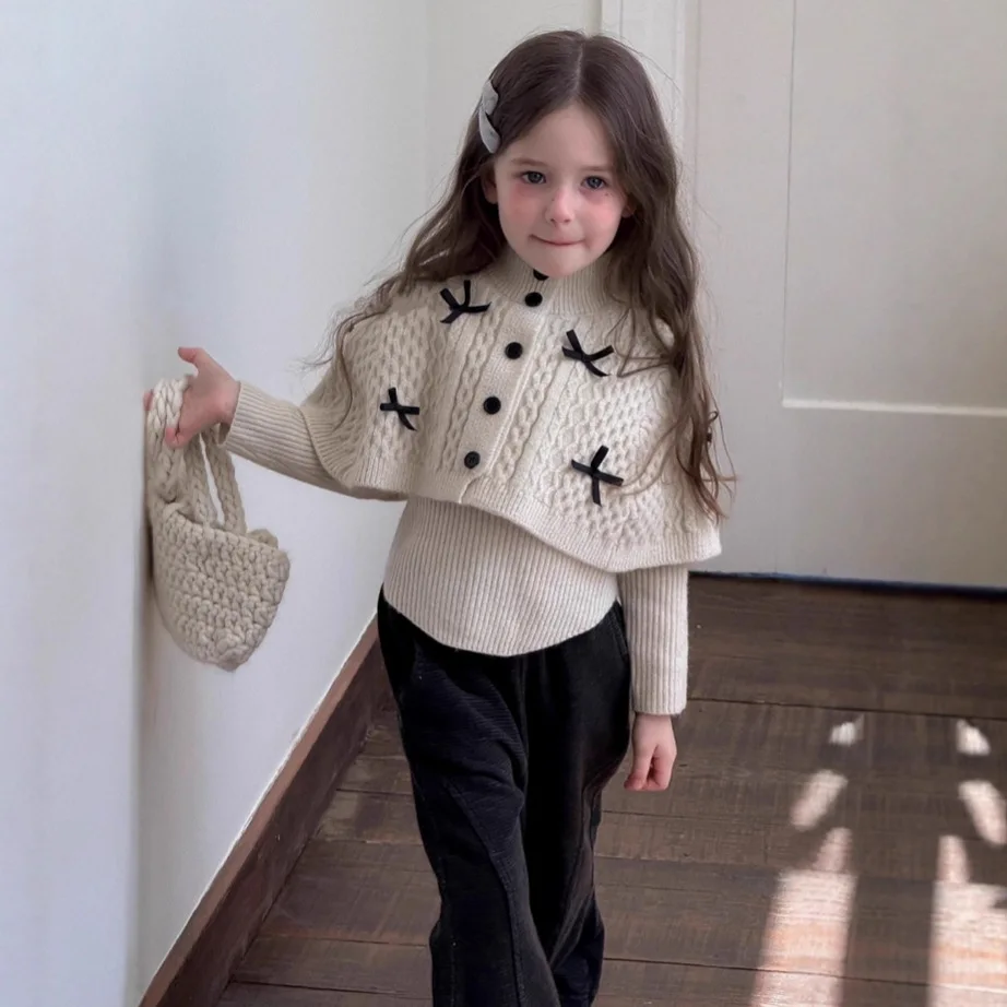 

Autumn 2025 Children's Sweater Set, Woolen Cape Bow,Two-Piece Set Of Foreign Knitted Cardigans