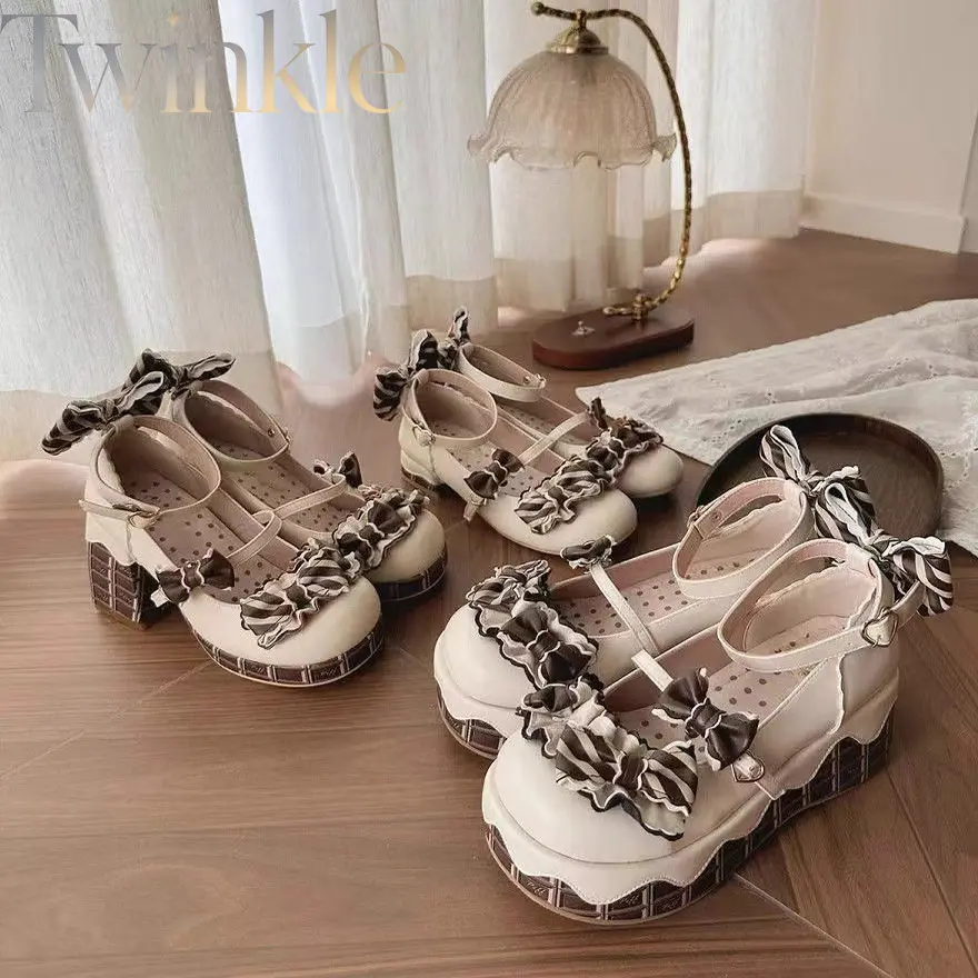 Sweet Lolita Mary Jane Shoes Kawaii Bowknot Chocolate Platform Women Girl Cosplay Party Chunky Heels