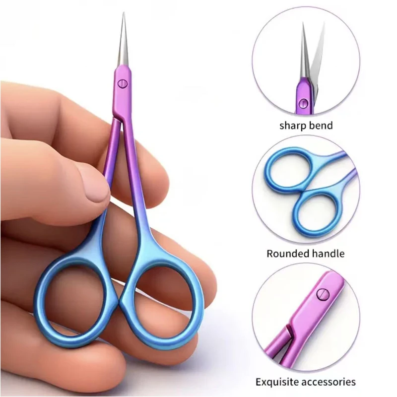 Tijeras Profesionales para Cutículas en Degradado Azul y Rosa, Tijeras Curvas Afiladas de Acero Inoxidable, Herramientas de Manicura Estilo Ruso