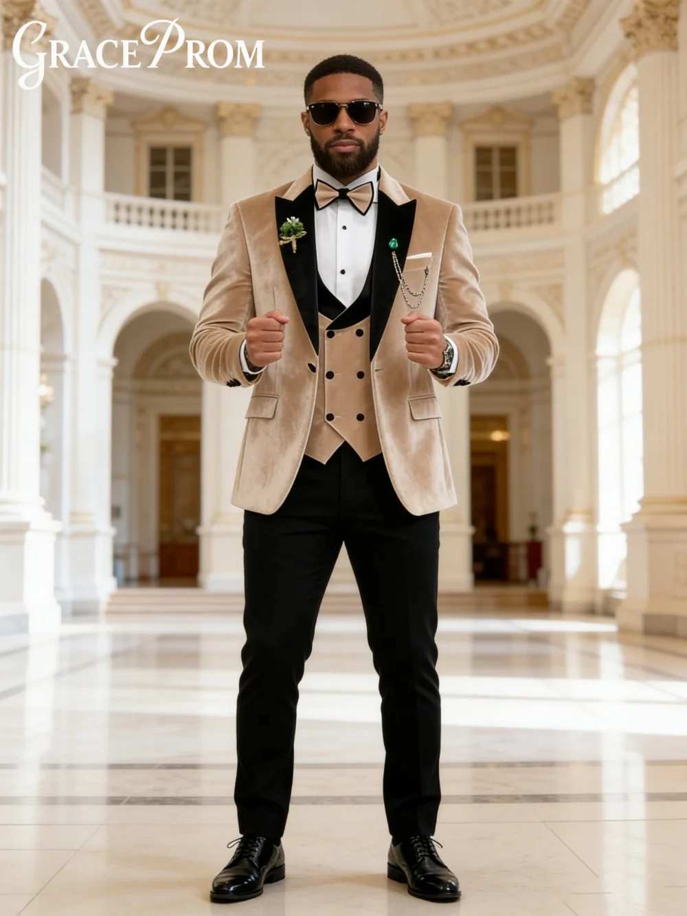 

Elegant Champagne Velvet Autumn Winter Suits Set Mens Formal Tuxedo 2 Pieces Notched Lapel Handsome Groom Wear Dancing Party