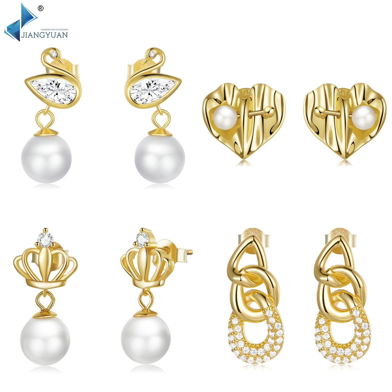 Jiangyuan high quality pearl earrings Custom 925 silver zircon gold plated Earrings for ladies