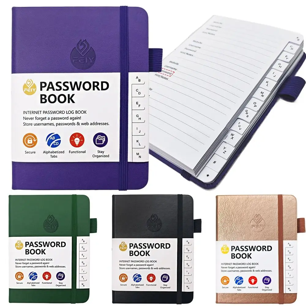A6 Password Book 68Sheets PU Leather Cover Logbook Password Keeper Simple Alphabetical Tabs Internet Address Organizer