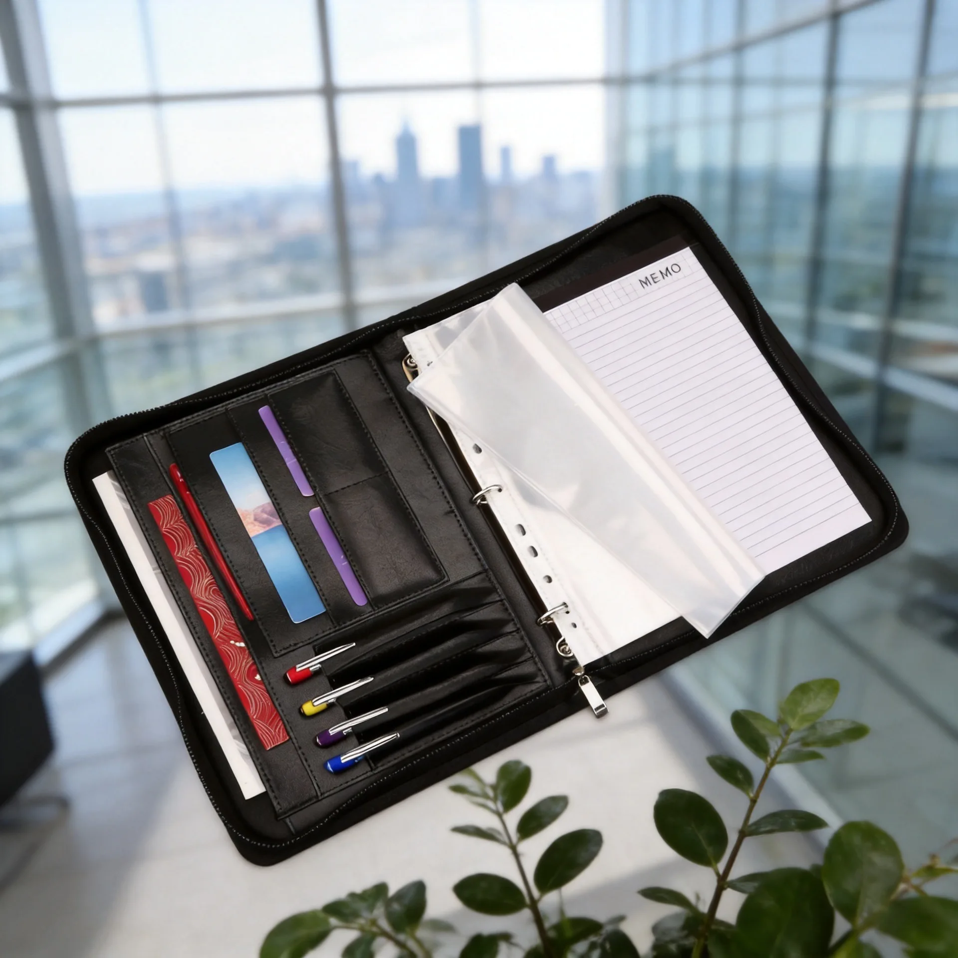 A4 Zipper Binder Portfolio Case with Three Ring Binder, PU Leather Business Manager Folder for Sales Contracts, Sticky Note and