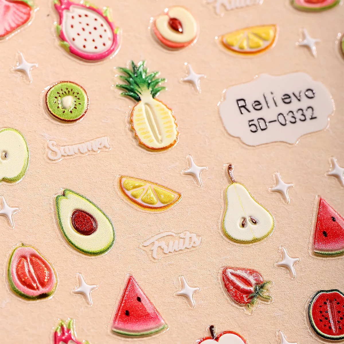 5D ฤดูร้อนผลไม้เล็บสติกเกอร์ลายนูนสตรอเบอร์รี่เชอร์รี่แตงโมกีวี Bownet Self-Adhesive DIY Decals ตกแต่งเล็บ