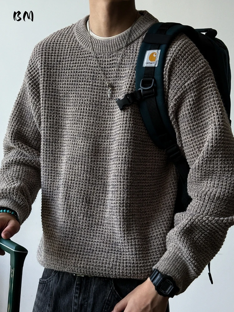 Japanese Style Heavyweight Chunky Knit Sweater For Men Fall Winter Solid Color Minimalist Round Neck Casual Pullover Trendy Male