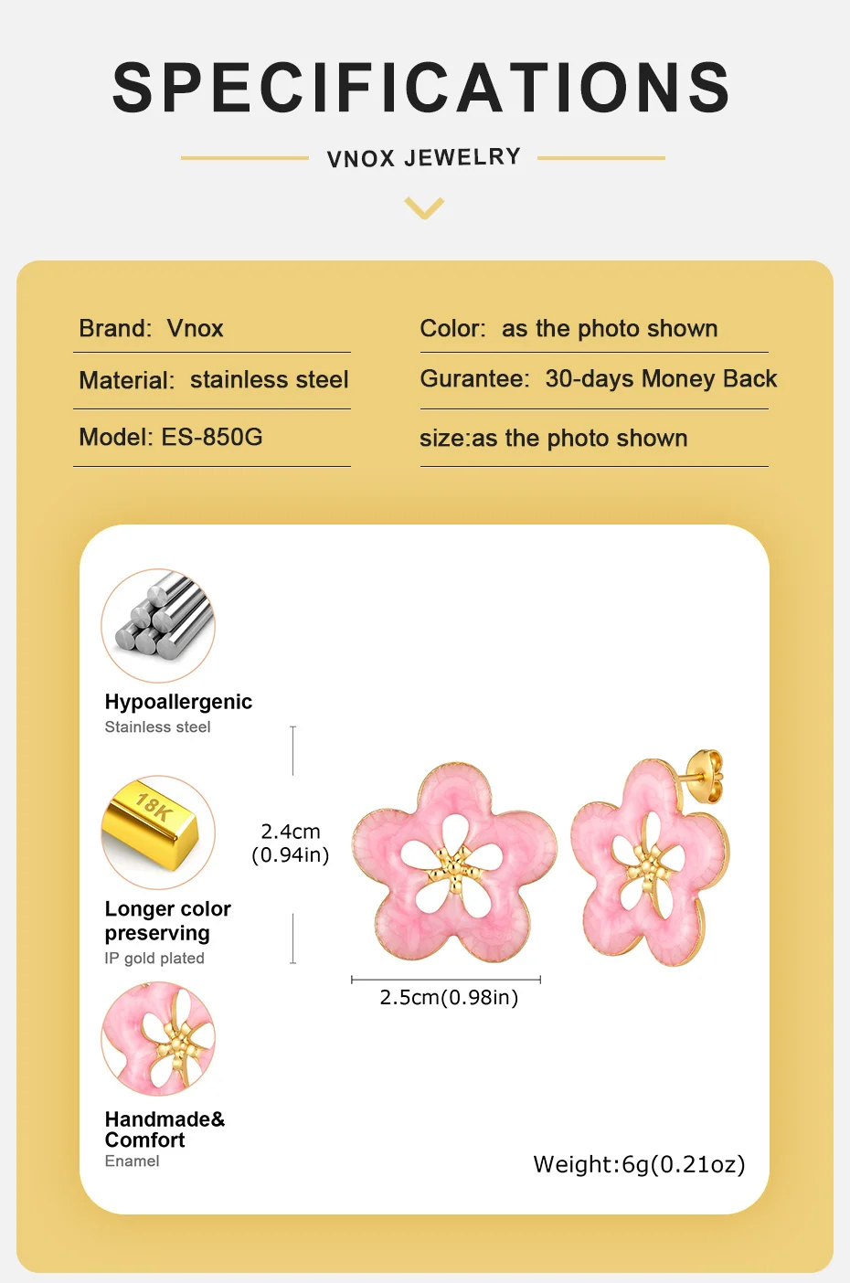 Vnox vergoldete Rosenblüten-Ohrringe für Damen, Edelstahl, niedliche rosa Emaille-Ohrstecker, französischer Stil, ästhetischer Schmuck – Detail 10