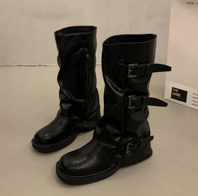 Runde Lederriemen-Schnallenstiefel für Damen - Frühjahr/Herbst neuer Stil, Retro schwarze Denim-Stiefel, Ritterstiefel, schlanke halbhohe Stiefel – Detail 5