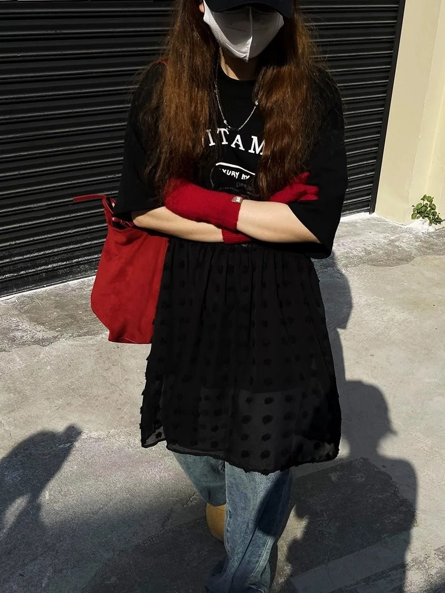 Women's Black White Chiffon Slip Dress With Dots Spring Summer One-Layer Sheer Cover-Up Sleeveless Dress Korean Fashion Ladies