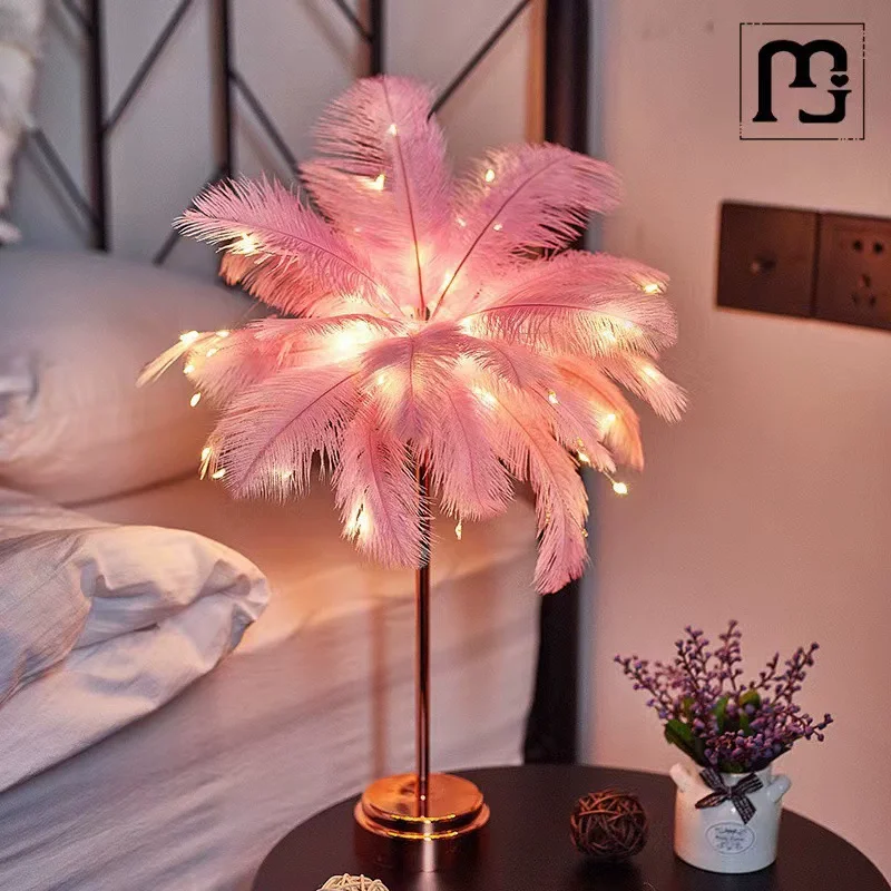 Rechargeable Ostrich Feather Table Lamp Portable Bedroom Bedside Lamp Creative Nordic Romantic Night Light Warm Home Decor