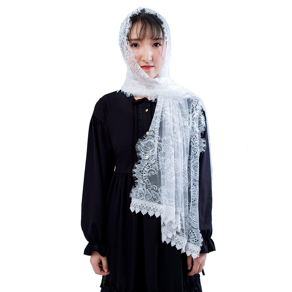 Women White Embroidered Veil Traditional Catholic Whites Lace Mass Head Covering Scarf Church Prayer Wedding Chapel Hijab
