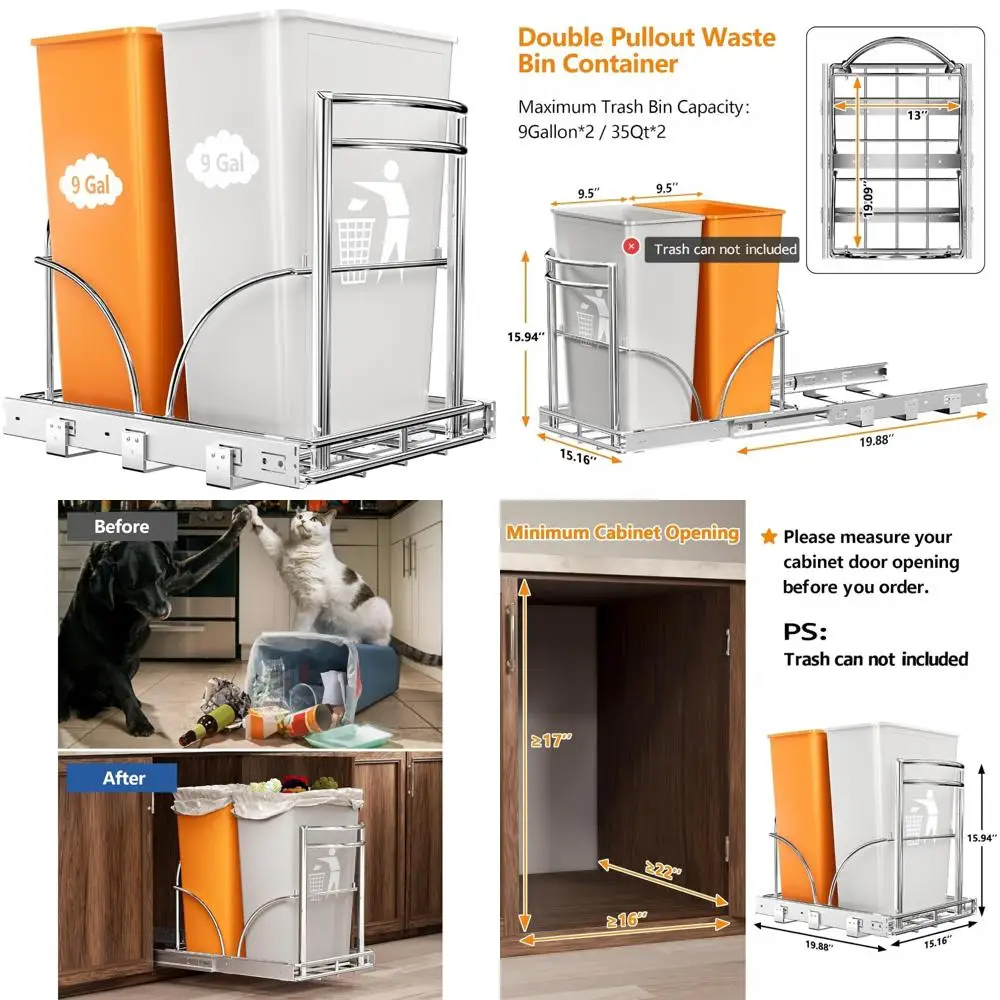 

Double 7-9 Gallon Under-Sink Pull-Out Trash Can Rack, Fits Cabinets, Space-Saving Kitchen Organizer