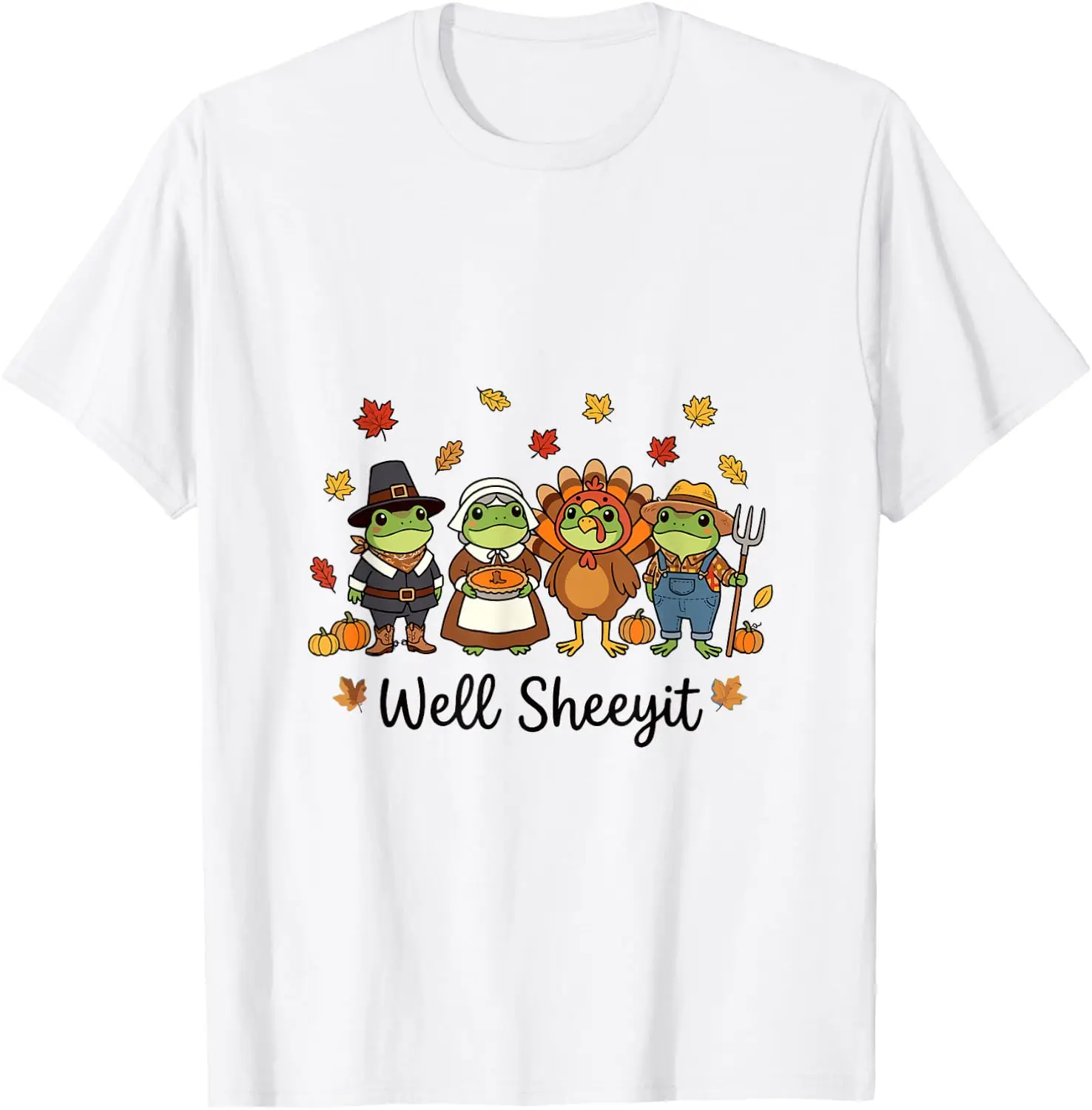 Well Sheeyit Frog Thanksgiving Fall Harvest Autumn T-Shirt 100% Cotton Trendy Y2K Short-Sleeve Tee – Soft, Quick-Drying, &