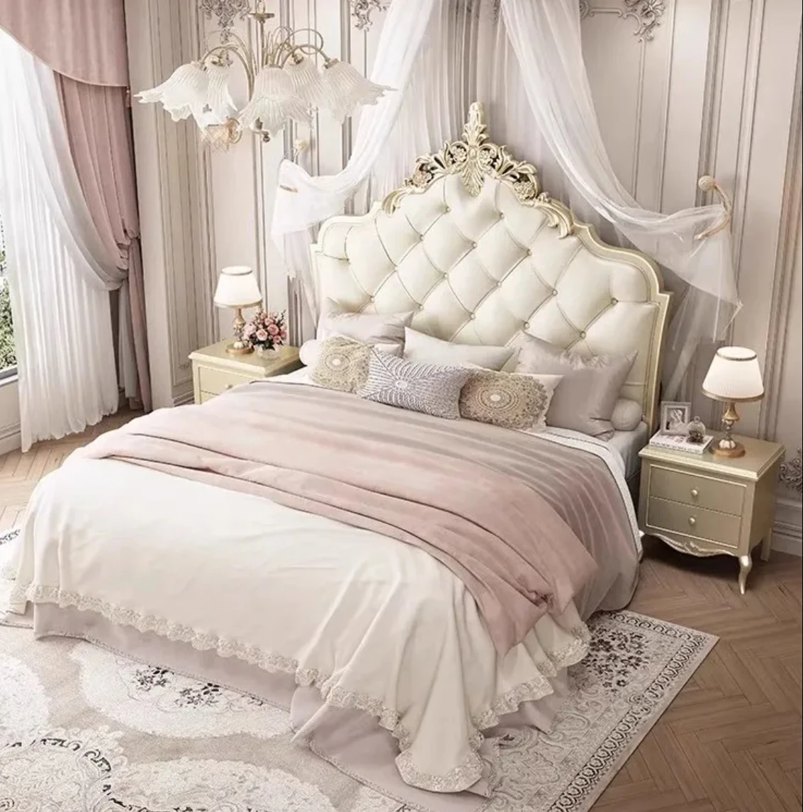 

French Style Solid Wood Bedside Soft Bag Double Bed Master Bedroom American Style Carved Princess Style High-end Bed