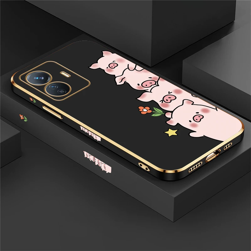 Cartoon Animal Cat Pig Phone Case For Vivo V30 V29E V11 V20 V21 V23E V27E V25 Pro V5 Plus Plating Silicone Soft Shockproof Cover