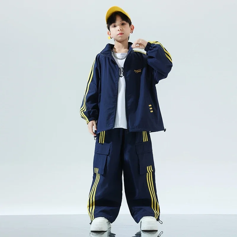 Ropa de Hip Hop para niños, camisa holgada azul de manga larga, abrigo, pantalones, traje de baile callejero de tambor para niñas, traje de actuación de Jazz XH1154