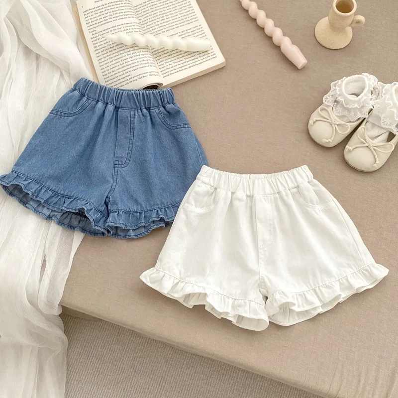 

2025 Summer Baby Soft Denim Shorts Girl Baby Solid Color Fungus Edge Jeans Fashionable Outer Shorts Fashion