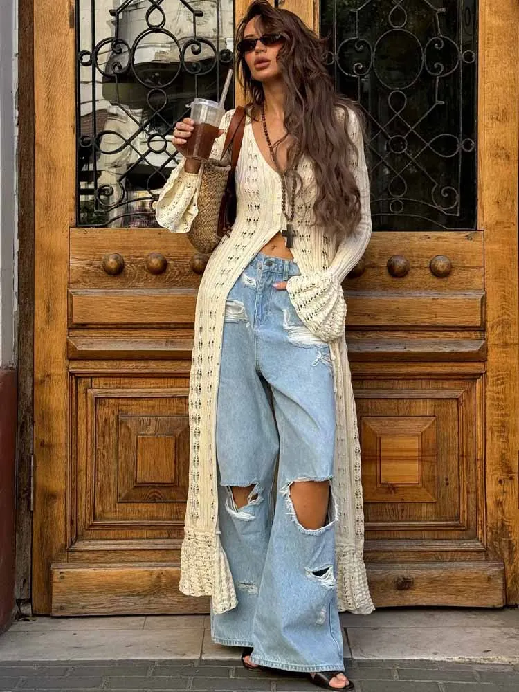 

BKQU Chic Long Knitted Hollow Out Cardigan Women Sexy Y2k V-Neck Long Flare Sleeves Cover Up Dresses Lazy Beach Party Coats 2025