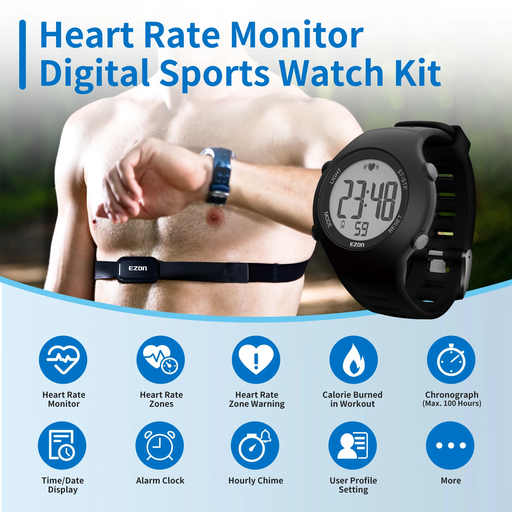 EZON T037 Men/Women Digital Sports Watch Heart Rate Monitor Outdoor Running Watch with Chest Strap