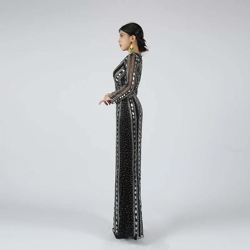 Baisha Black Evening Dress Heavy Handmade Beaded Sequin Rhinestone Long Sleeve Mermaid Gown Mom Party Prom Special Events MM88