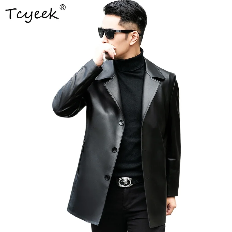 

Tcyeek Мужская куртка из овчины на весну и осень, модная черная мужская куртка средней длины с воротником из натуральной кожи Куртка Кожаная Мужская