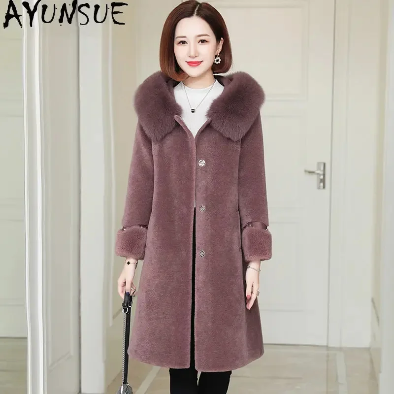 100% Sheep Shearing Coat Hooded Fox Fur Collar Medium-length Wool Coats For Women Winter Jacket Jackets Abrigos Mujer