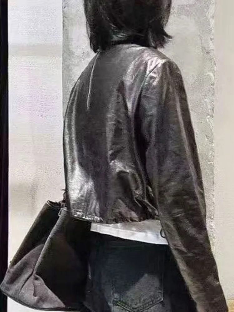 Office Female Round Neck Genuine Leather Short Jackets Loose Solid Color Sheepskin Zipper Long Sleeves Cowhide Outerwear