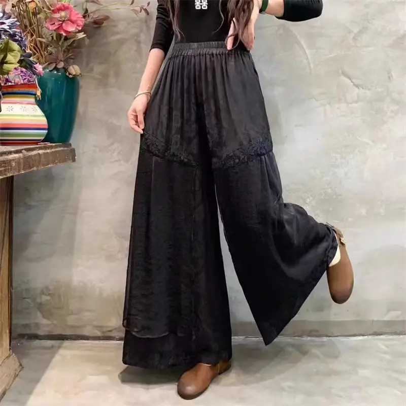 

Vintage High Waisted Patchwork Silk Linen Wide Leg Pants Women's Solid Color Versatile Loose Chinese Style Casual Trousers Z2841