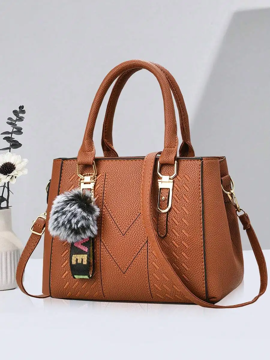 

Brown Faux Leather Shoulder Bag With Fur Ball Pendant Casual Style For Women