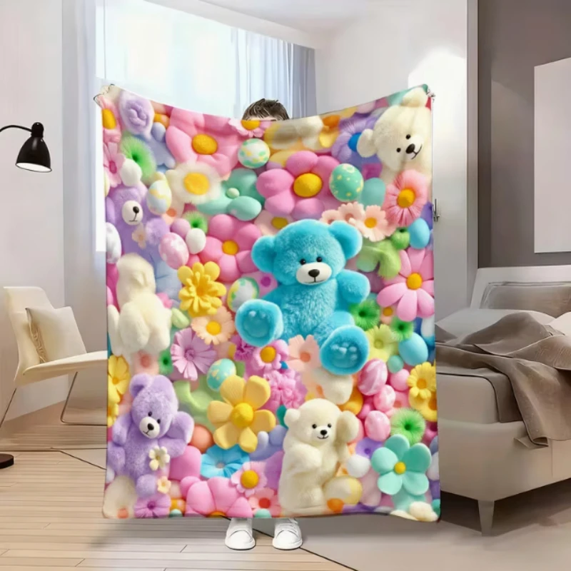 3D Fluffy Teddy Bear Color Floral Sweet Cartoon Lovely Pattern Soft Blanket Fit Living Room Bed Travel Multi-scene Home Daily