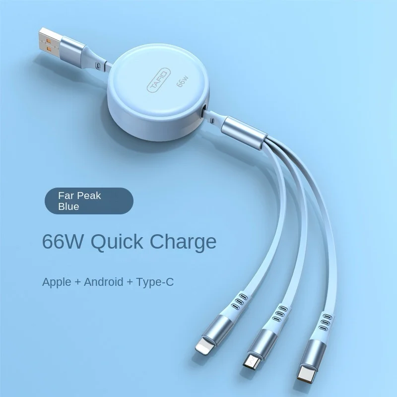 3 in 1 Charger 66W 100W Fast Charging Portable Telescopic Design Data Cable 3 Head Charger for Apple iPone Car Charging Cable