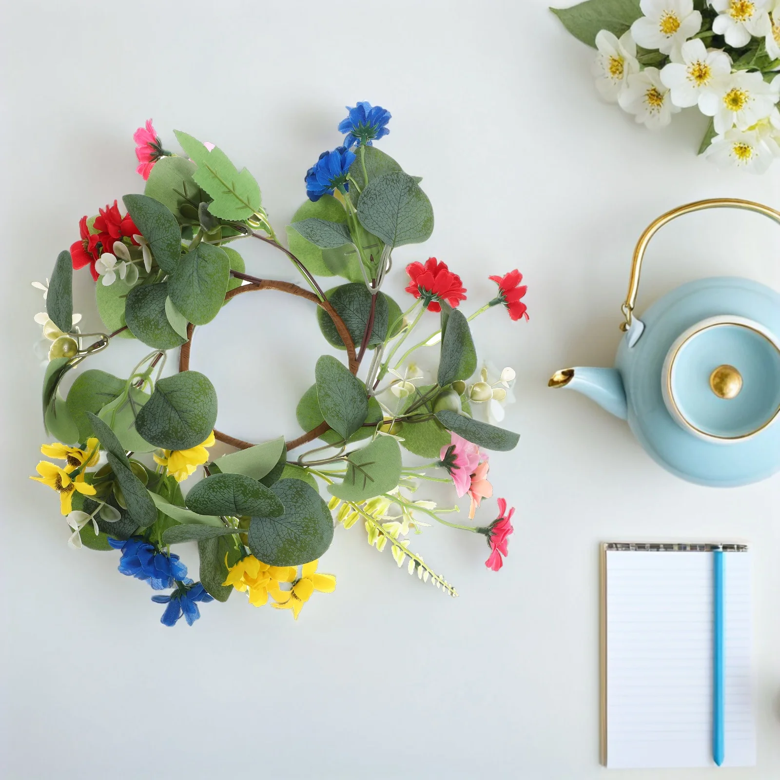 

2pcs 25CM Daisy Wreaths Artificial Flowers Eucalyptus Leaves Rings for Wedding Birthday Party Table Decor