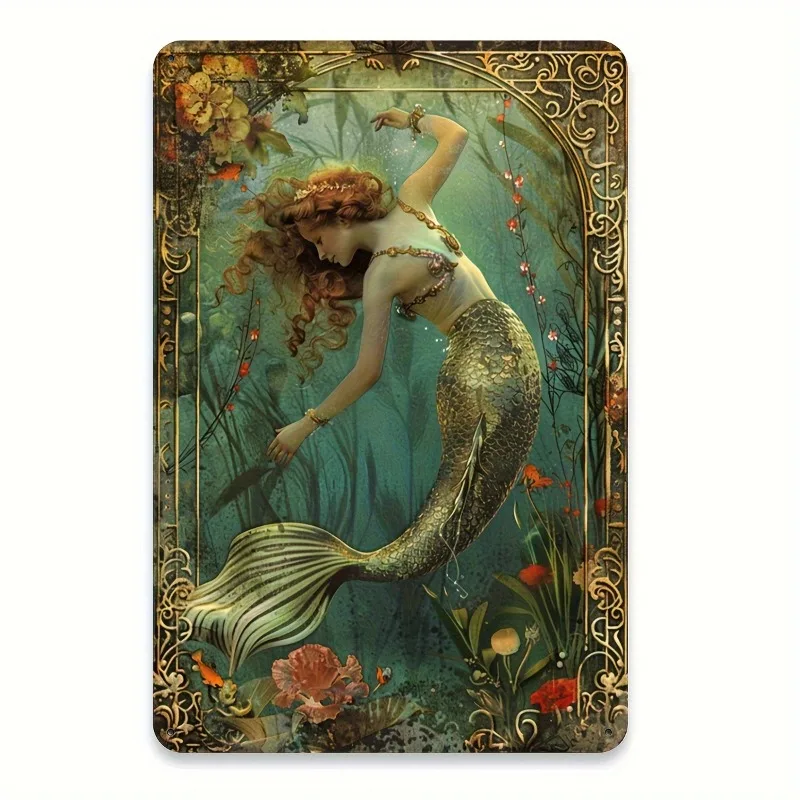 Vintage Mermaid Girl Tin Painting 8x12 Inches Home Decoration Art Family-friendly Restaurant Garage Fun Wall Art Iron Material