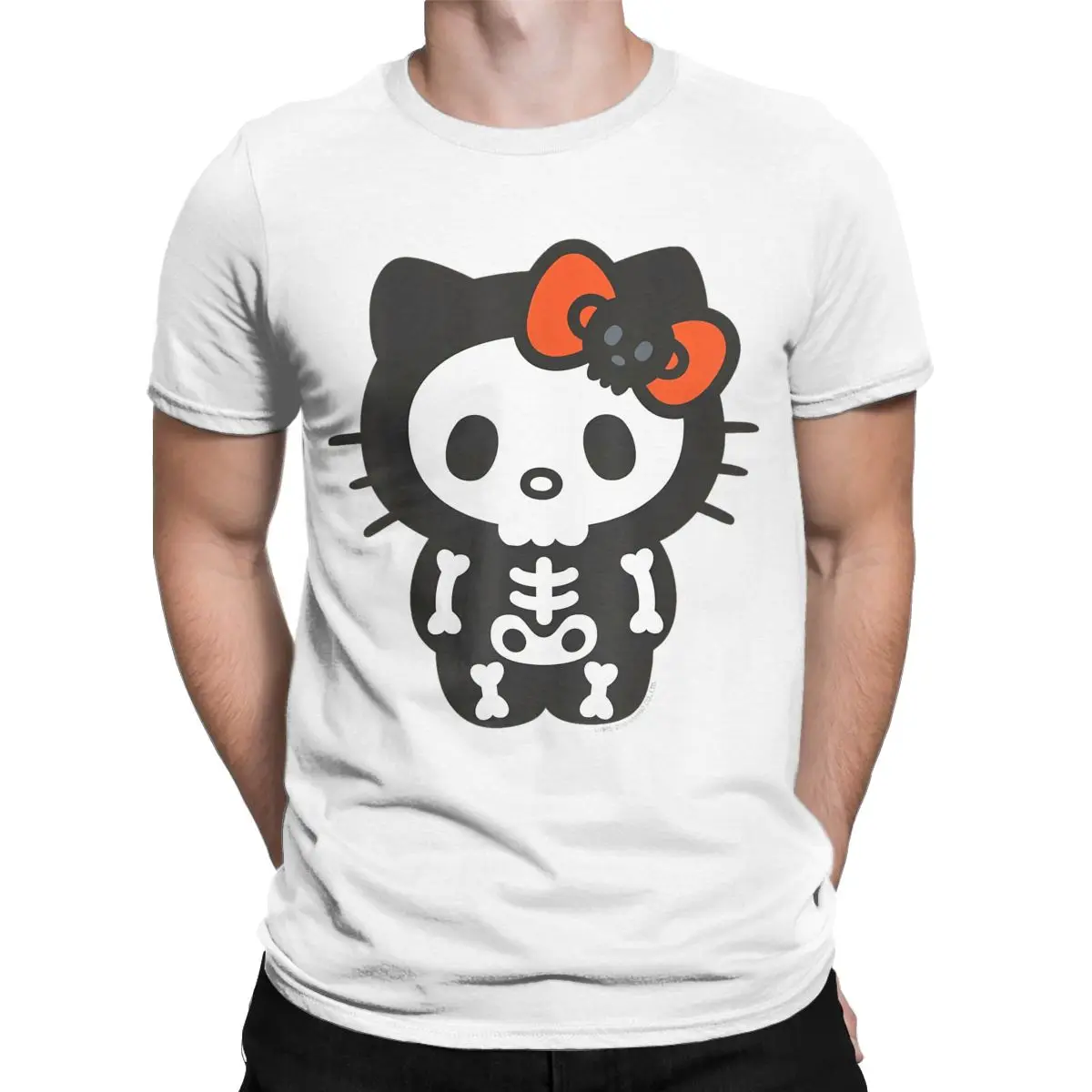 Vintage Hello Kitty Skeleton Halloween T-Shirt for Men Crew Neck Cotton T Shirts Short Sleeve Tees Classic Clothing