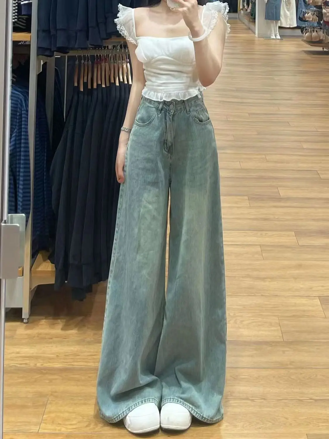 

American Retro Wide Leg Denim Jeans Women's Spring New High Waist Loose Meat Conceal Slimming Drapey Bell Bottoms
