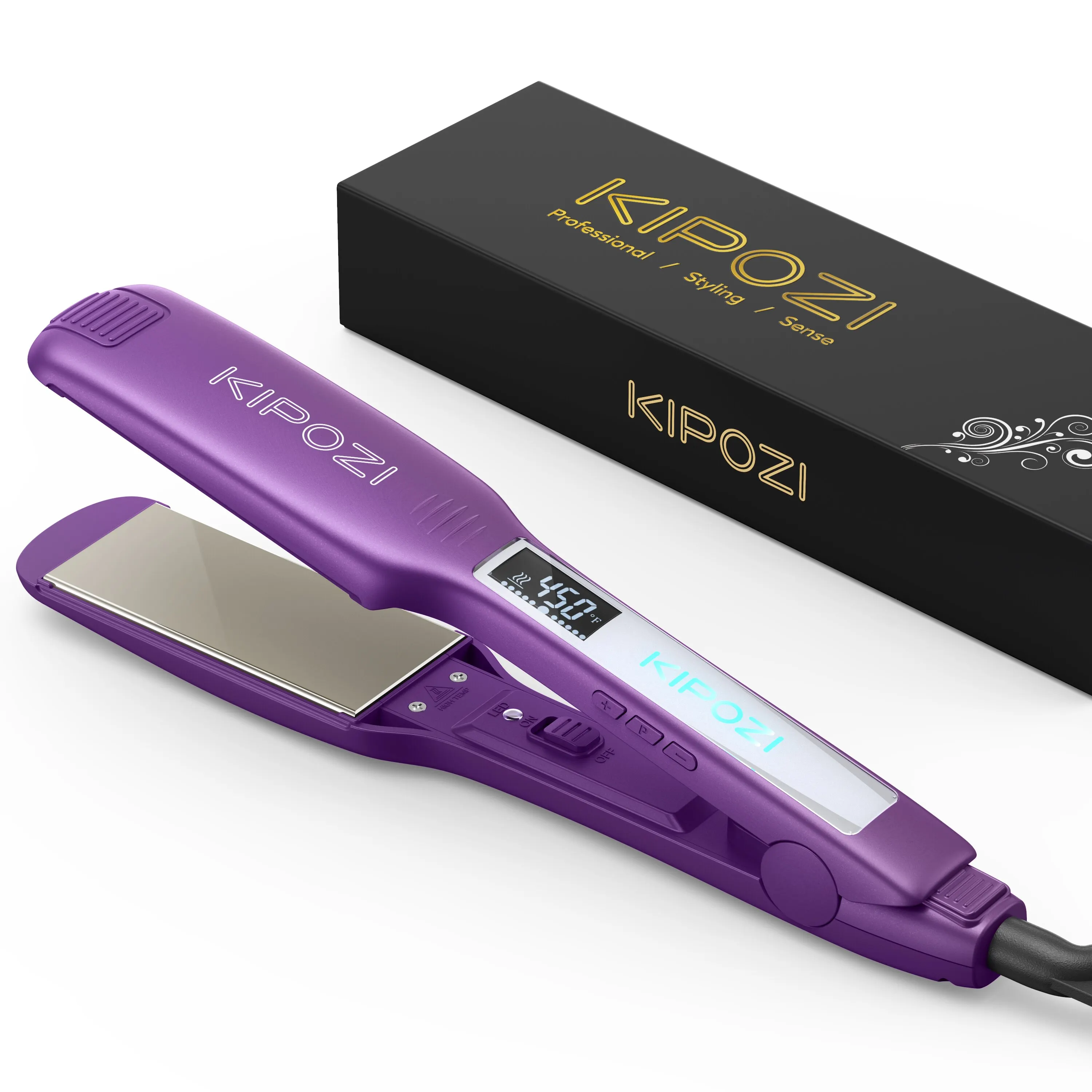 KIPOZI pelurus rambut profesional, alat pengeriting pemanas instan tegangan ganda, layar LCD Digital datar Titanium