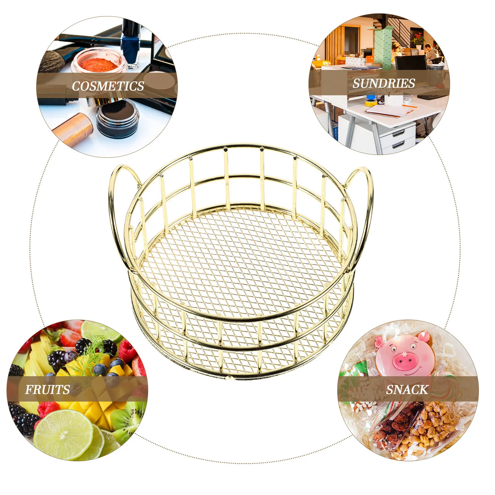 Mini Round Metal Storage Basket Cat Ear Decorative Design for Desktop Fruit Snack Candy Lipstick Organizer Home Office