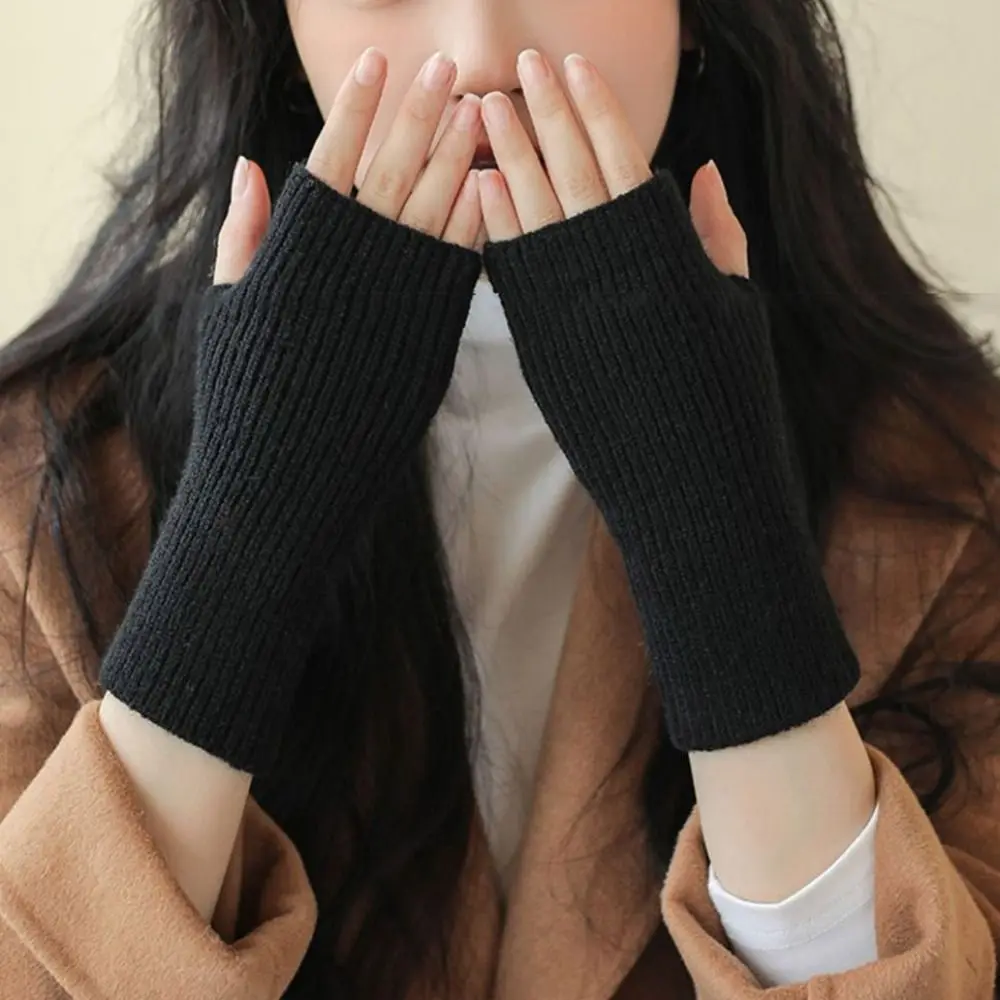 

Модные толстые теплые вязаные перчатки, однотонные эластичные варежки с половиной пальца, мягкие рукава на запястье, зимняя теплая одежда