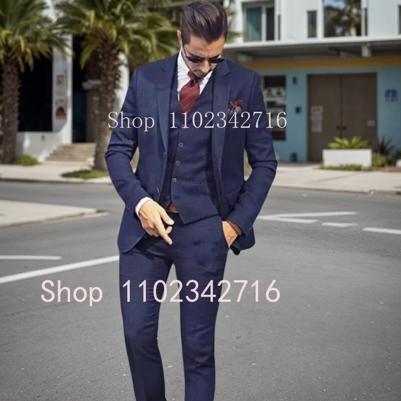 Costume Homme Classic Navy Blue Men Suit Two Buttons Groom Tuxedo Slim Fit Wedding Suits for Men 3 Piece Set (Blazer+Vest+Pants)