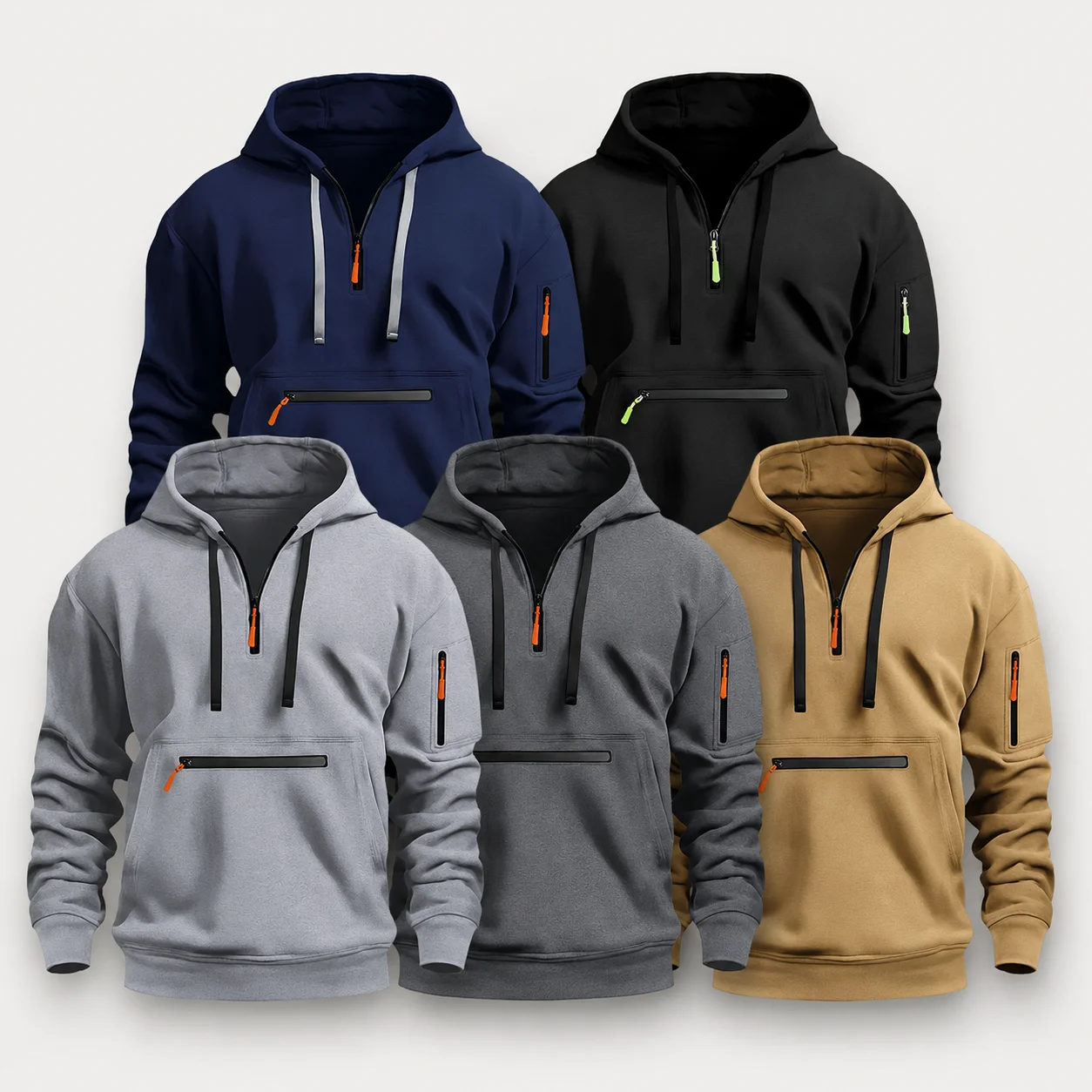 2026 Men Half Zipper Hoodie Solid Color Long Sleeve Casual Pullover Sweatshirt Multi Pocket Outdoor Training Streetwear Fashion