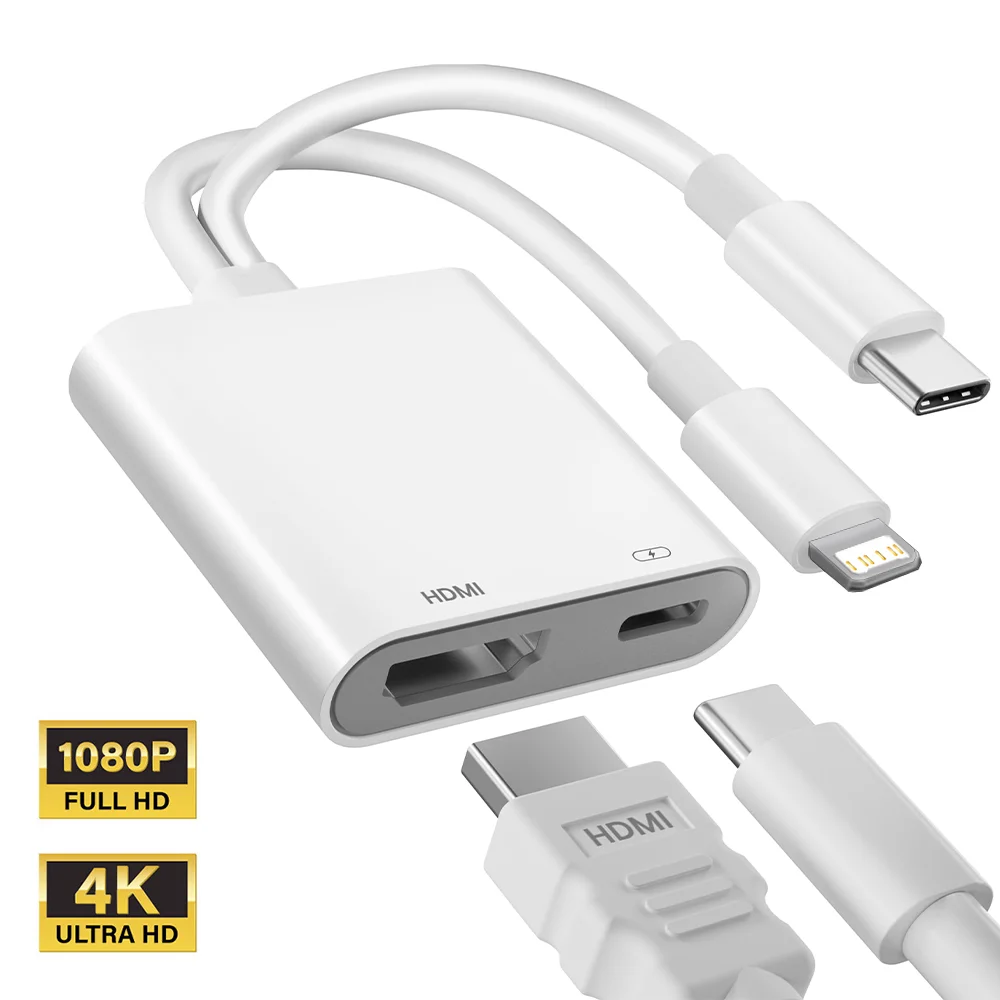 Adaptador USB-C e Lightning para HDMI para Sincronização de Tela de iPhone com TV, Adaptador Digital AV Compatível com iPhone 17, 16, 15 e iPad