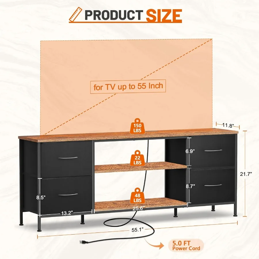 寝室とリビングルーム用のテレビスタンド、引き出し4つとオープンシェルフ付き、最大55インチのテレビに対応、ブラックとラスティックブラウンの木製