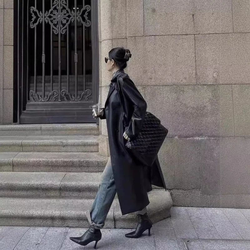 Spring Autumn Retro Long Black and Brown PU Leather Coat Women Double Breasted with Belt Slimming Fashion Leather Jacket Women's