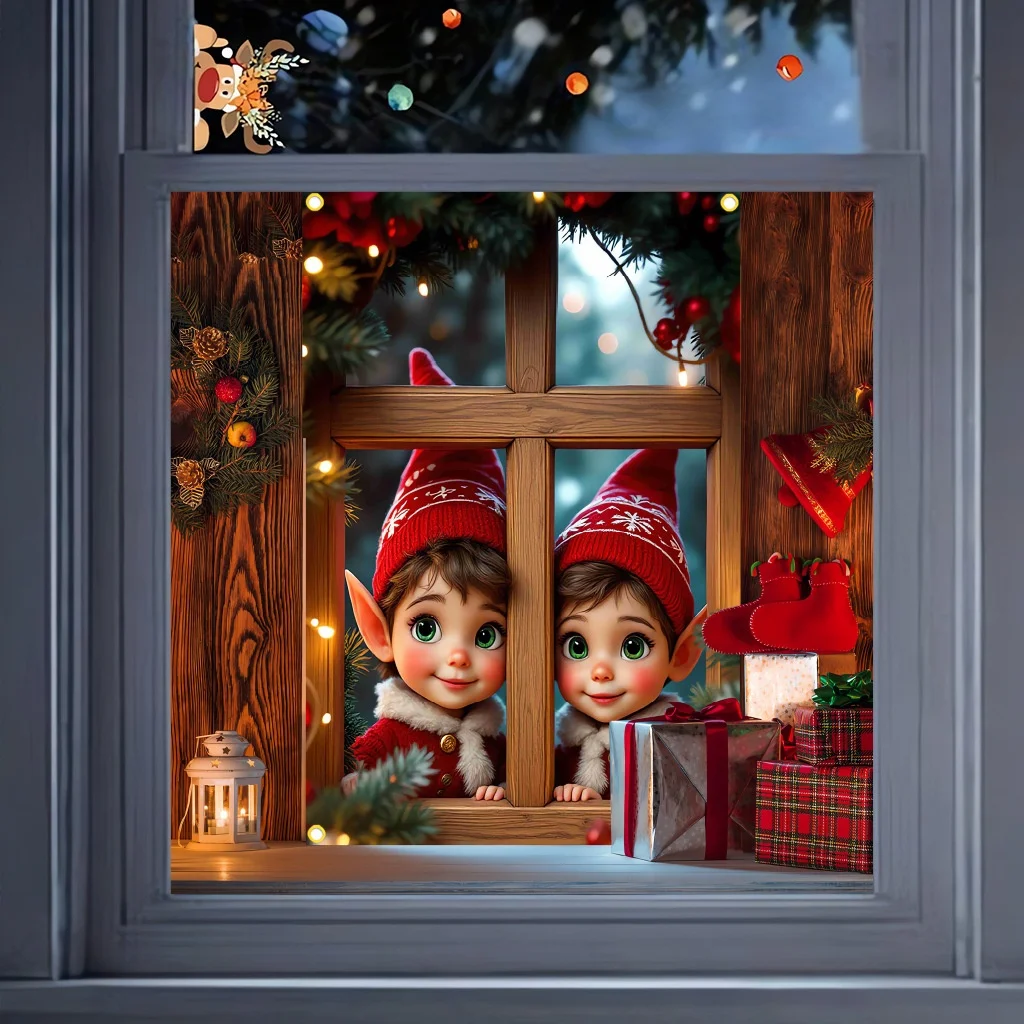 Cartoon Christmas Window Stickers Xmas Elf Boy Santa Claus Elk Glass Stickers Merry Christmas Decor Happy New Year 2026