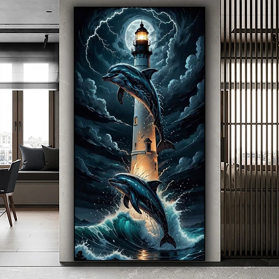 Lighthouse Wave Landscape 5D DIY Diamond Painting Jumping Dolphin Full Square Round Mosaic Diamond Embroidery Cross Stitch Kits