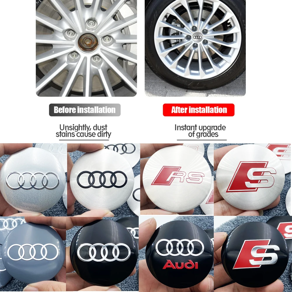 4pcs/lot 56/65mm Wheel Hub Cap Emblem Sticker Car Decoration for AUDI A3 A4 B7 B8 B9 A5 A6 A7 A8 Q1 Q2 Q3 Q5 Q7 Q8 TT RS R8